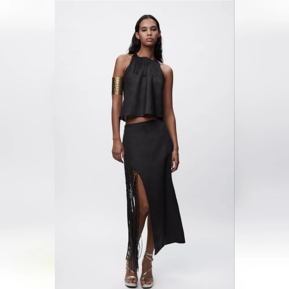 Zara * Fringed Linen Midi Skirt Black Size XS and S